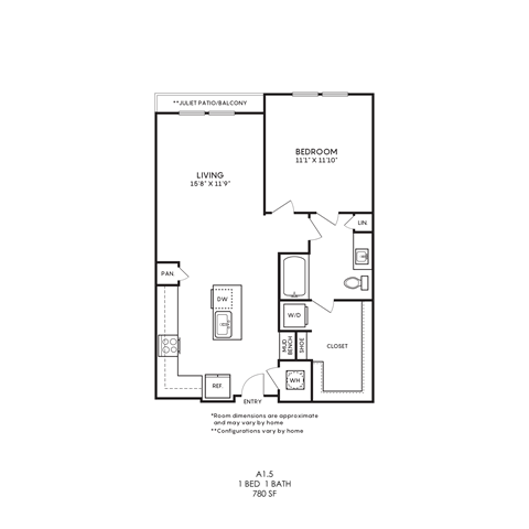 Floor plan for 1 bed, 1 bath, 780 sqft